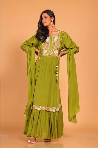 Green long gown with dupatta hand embroidery