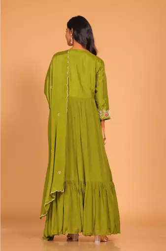 Green long gown with dupatta hand embroidery
