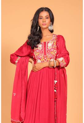 Red  long gown with dupatta hand embroidery 1