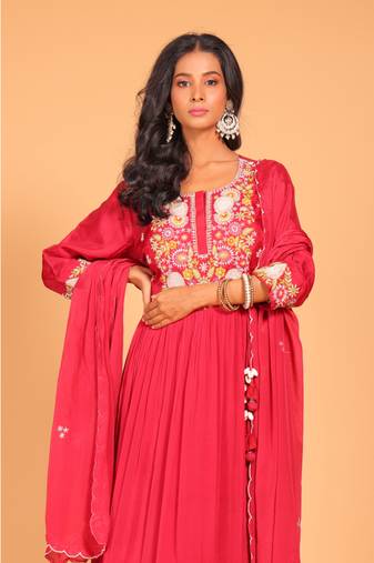 Red  long gown with dupatta hand embroidery