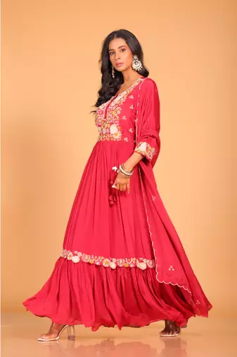Red  long gown with dupatta hand embroidery