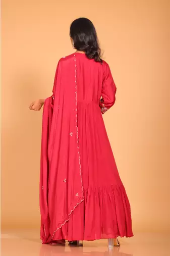 Red  long gown with dupatta hand embroidery