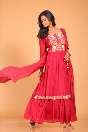 Red  long gown with dupatta hand embroidery