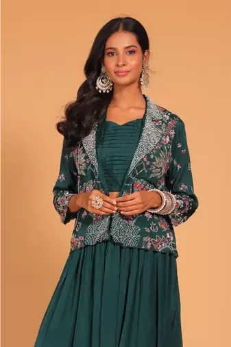 Green crop top with short jacket hand embroidery