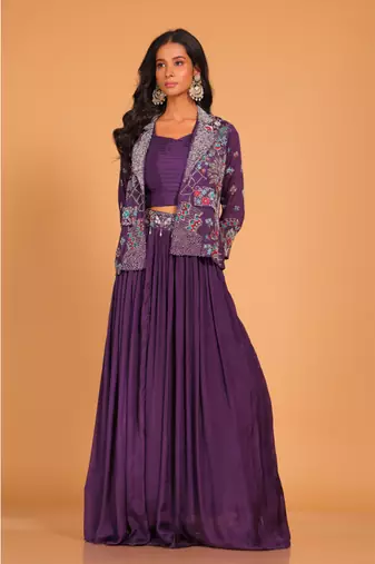 Blue crop top with short jacket hand embroidery