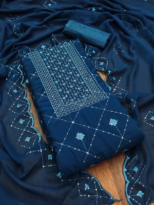 Women's blue colour georgette fabric embroidered dress material with dupatta 1