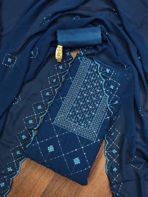 Women's blue colour georgette fabric embroidered dress material with dupatta 5