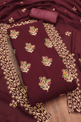 Graceful Maroon organza embroidered dress material with dupatta