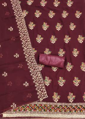 Graceful Maroon organza embroidered dress material with dupatta 2