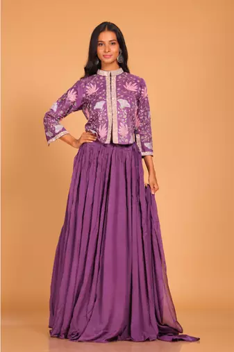 Purple crop top set with duppatta hand embroidery
