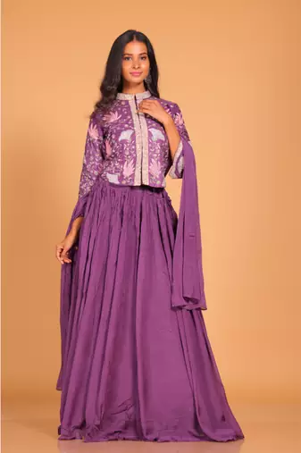 Purple crop top set with duppatta hand embroidery