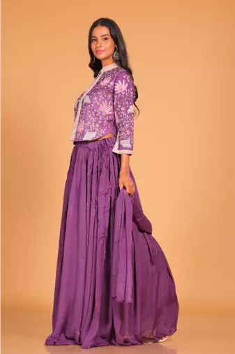 Purple crop top set with duppatta hand embroidery