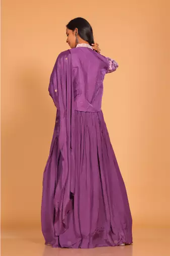 Purple crop top set with duppatta hand embroidery
