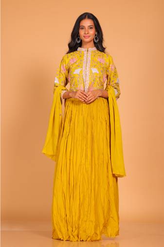 Mustard crop top set with duppatta hand embroidery