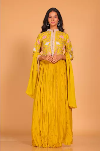 Mustard crop top set with duppatta hand embroidery