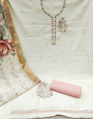 Crimson elegance: White jacquard silk weaving dress material with dupatta 2