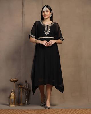 SHADES OF FAASHION Women Yoke Design Threadwork Black georgette Kaftan  1