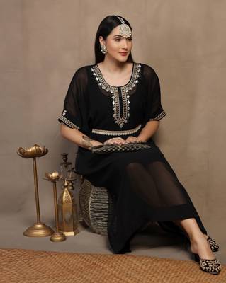 SHADES OF FAASHION Women Yoke Design Threadwork Black georgette Kaftan  2