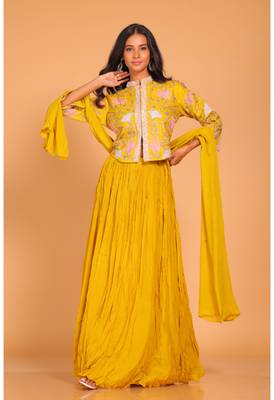 Mustard crop top set with duppatta hand embroidery 2