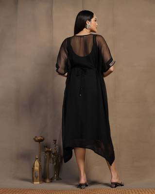 SHADES OF FAASHION Women Yoke Design Threadwork Black georgette Kaftan  5