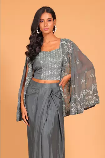 Grey crop top with embroidery jacket hand embroidery