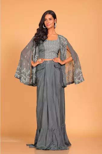 Grey crop top with embroidery jacket hand embroidery