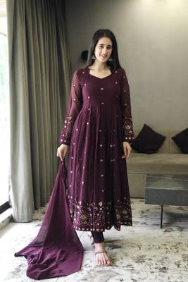 Wine Colour Anarkali Style Beautiful Faux Georgette Fully Stitched Gown Set 1