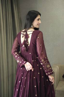 Wine Colour Anarkali Style Beautiful Faux Georgette Fully Stitched Gown Set 3