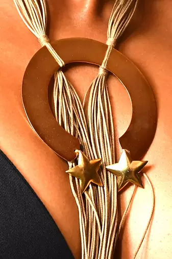 Gold and brown central sphere cord neckpiece