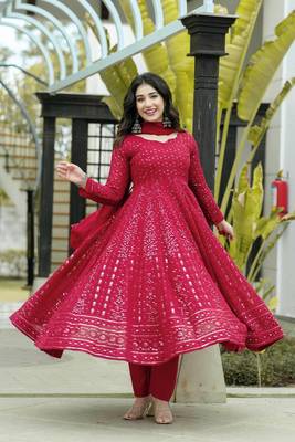 Marron Colour Hevy Work Georgette Fabric Anarkaly Type Fully Stitched Gown Set 1