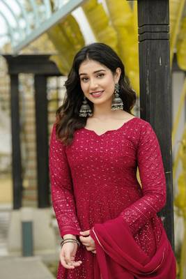 Marron Colour Hevy Work Georgette Fabric Anarkaly Type Fully Stitched Gown Set 3