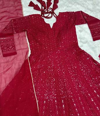 Marron Colour Hevy Work Georgette Fabric Anarkaly Type Fully Stitched Gown Set 4