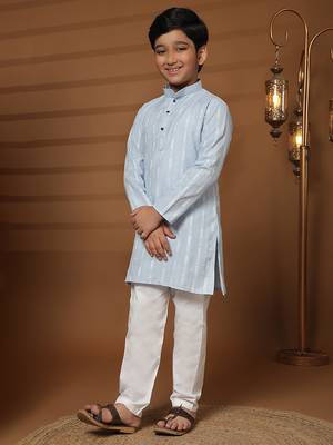 Boy's blue floral printed cotton kurta pajama for kid's ethnicwear 1