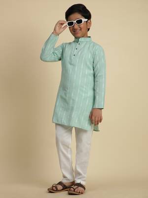Boy's green floral printed cotton kurta pajama for kid's ethnicwear 1