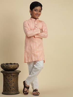 Boy's peach floral printed cotton kurta pajama for kid's ethnicwear 1