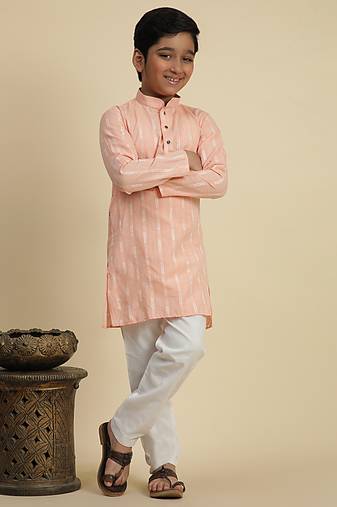 Boy's peach floral printed cotton kurta pajama for kid's ethnicwear