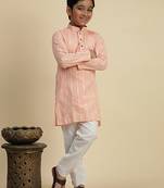 Boy's peach floral printed cotton kurta pajama for kid's ethnicwear