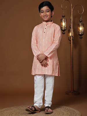 Boy's peach floral printed cotton kurta pajama for kid's ethnicwear 2