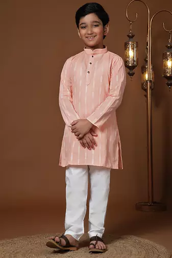 Boy's peach floral printed cotton kurta pajama for kid's ethnicwear