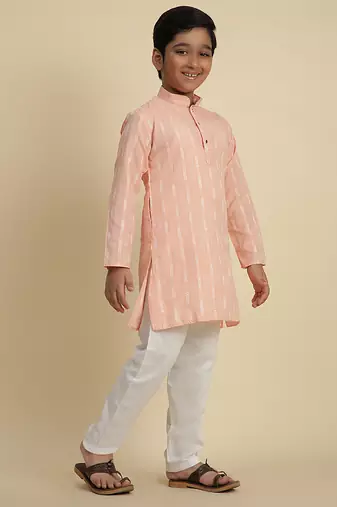 Boy's peach floral printed cotton kurta pajama for kid's ethnicwear