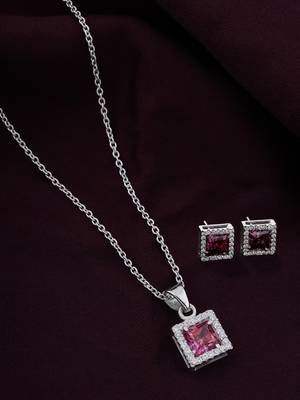 925 sterling silver red ruby with cz studded pendant chain with earring set 1