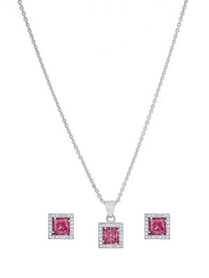 925 sterling silver red ruby with cz studded pendant chain with earring set 2