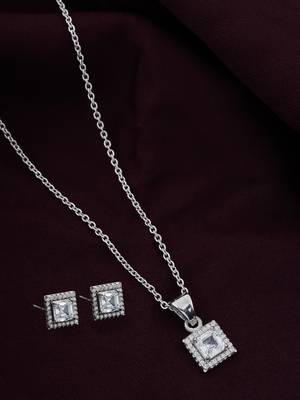 925 sterling silver white radiant diamond with cz studded pendant chain with earring set 1