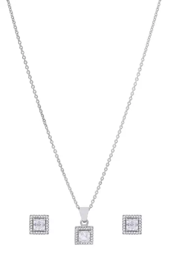 925 sterling silver white radiant diamond with cz studded pendant chain with earring set
