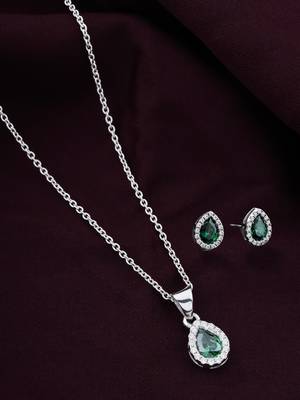 925 sterling silver rhodium plated green pear pendant chain with earring set 1