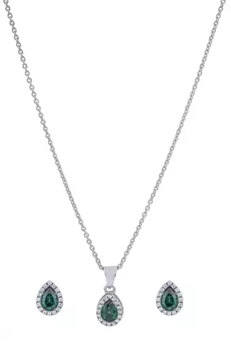 925 sterling silver rhodium plated green pear pendant chain with earring set