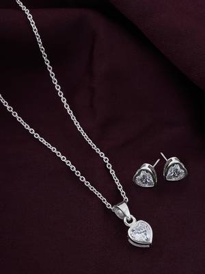 925 sterling silver rhodium plated heart diamond pendant chain with earring set 1