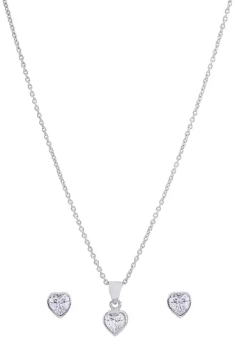 925 sterling silver rhodium plated heart diamond pendant chain with earring set