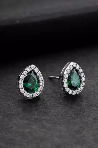 925 sterling silver rhodium plated green pear pendant chain with earring set