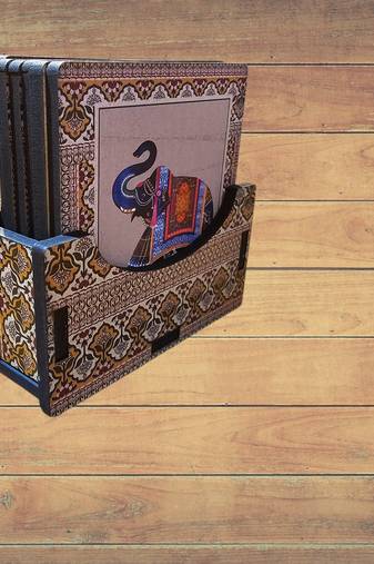 Wooden multicolor elephent coster set 6 with rajathani art